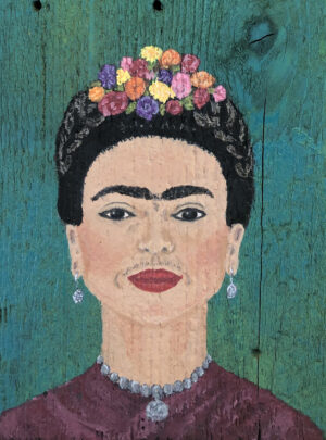 Colorful painting of Frida Kahlo wit a flower crown on a turquoise background